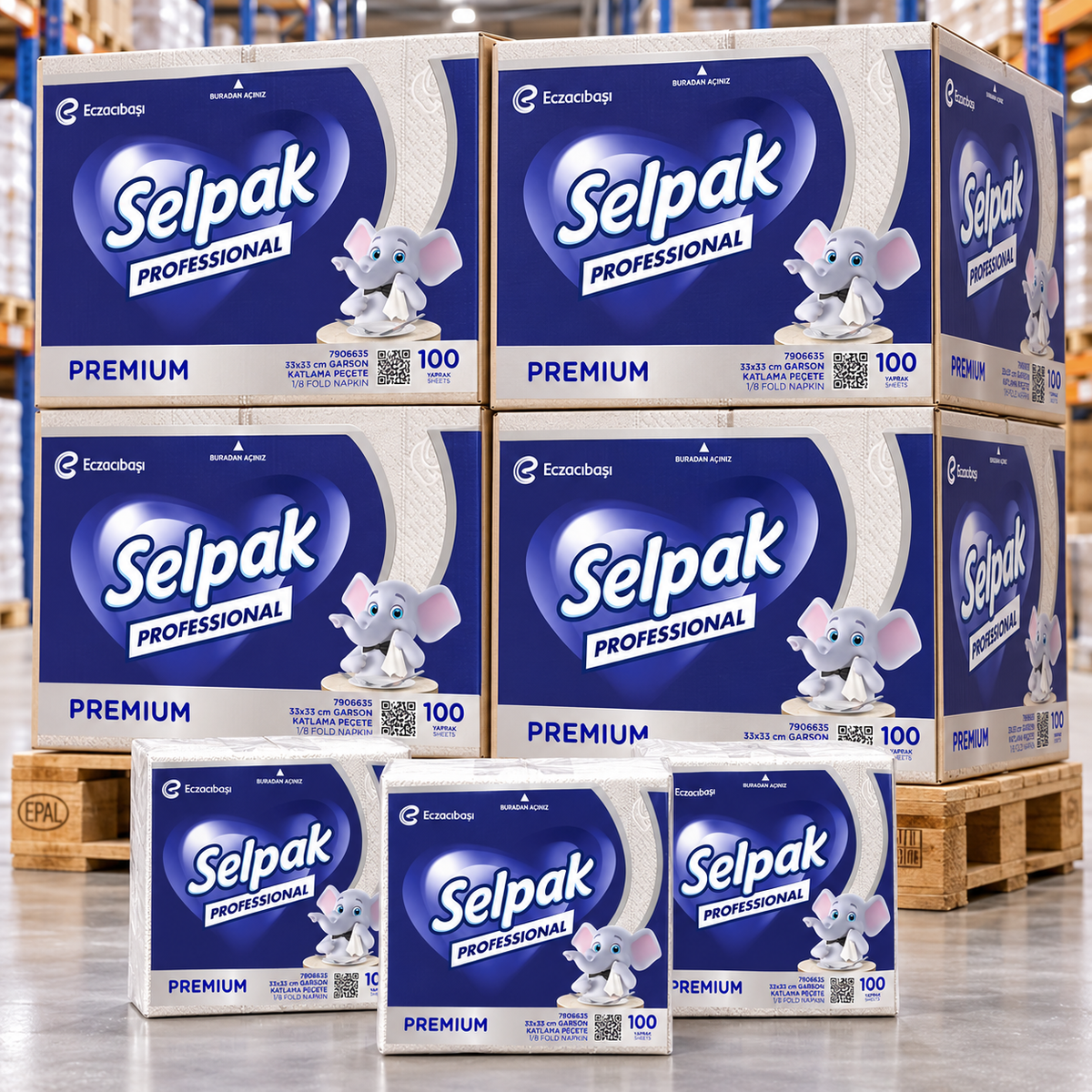 7906635 kodlu Selpak/Service Pro ürünü, orijinal baskılı kolilerle palet görünümü (3. görsel)